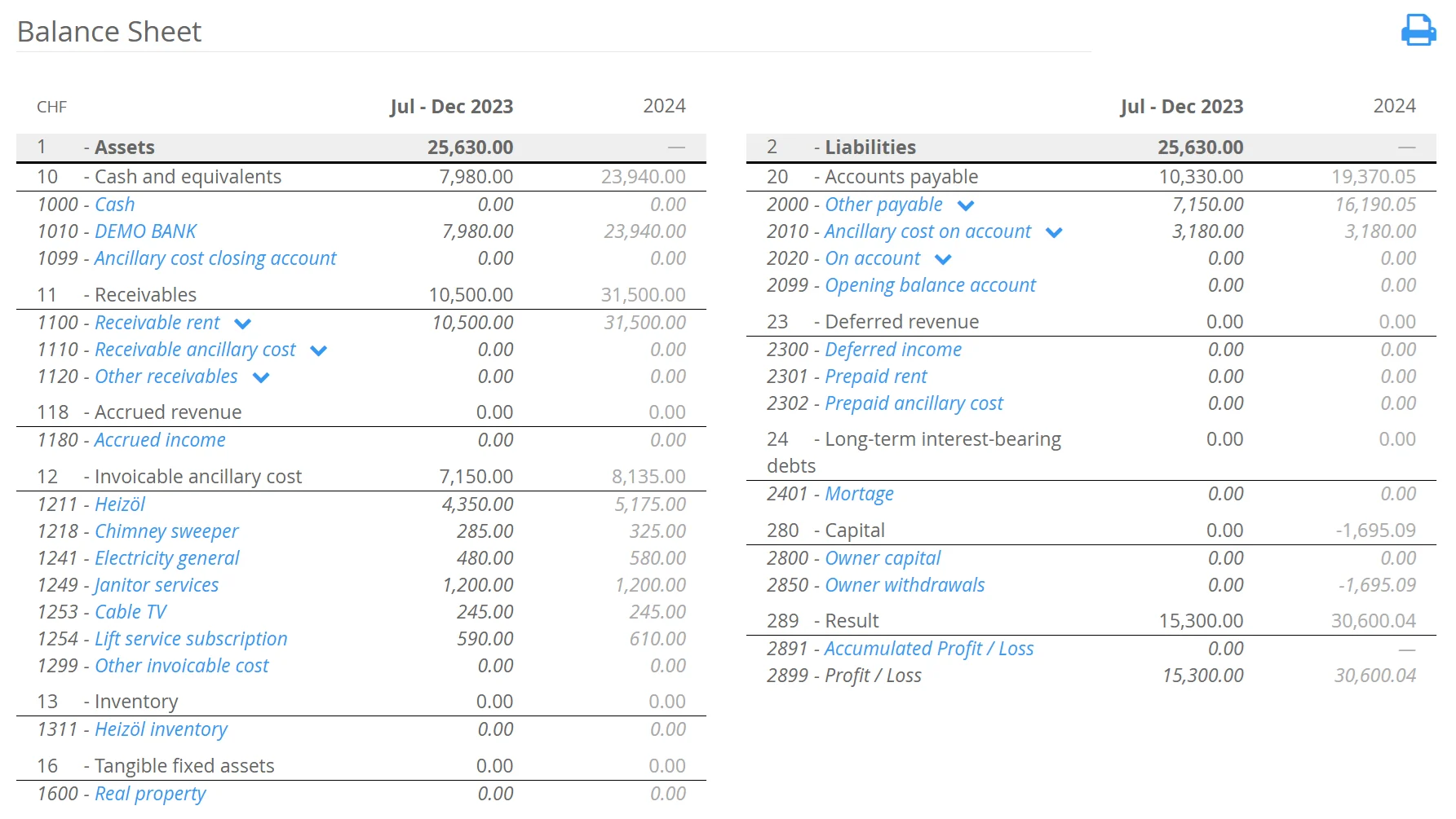 Balance sheet of a property in LIMMOBI with assets, liabilities and the related accounts
