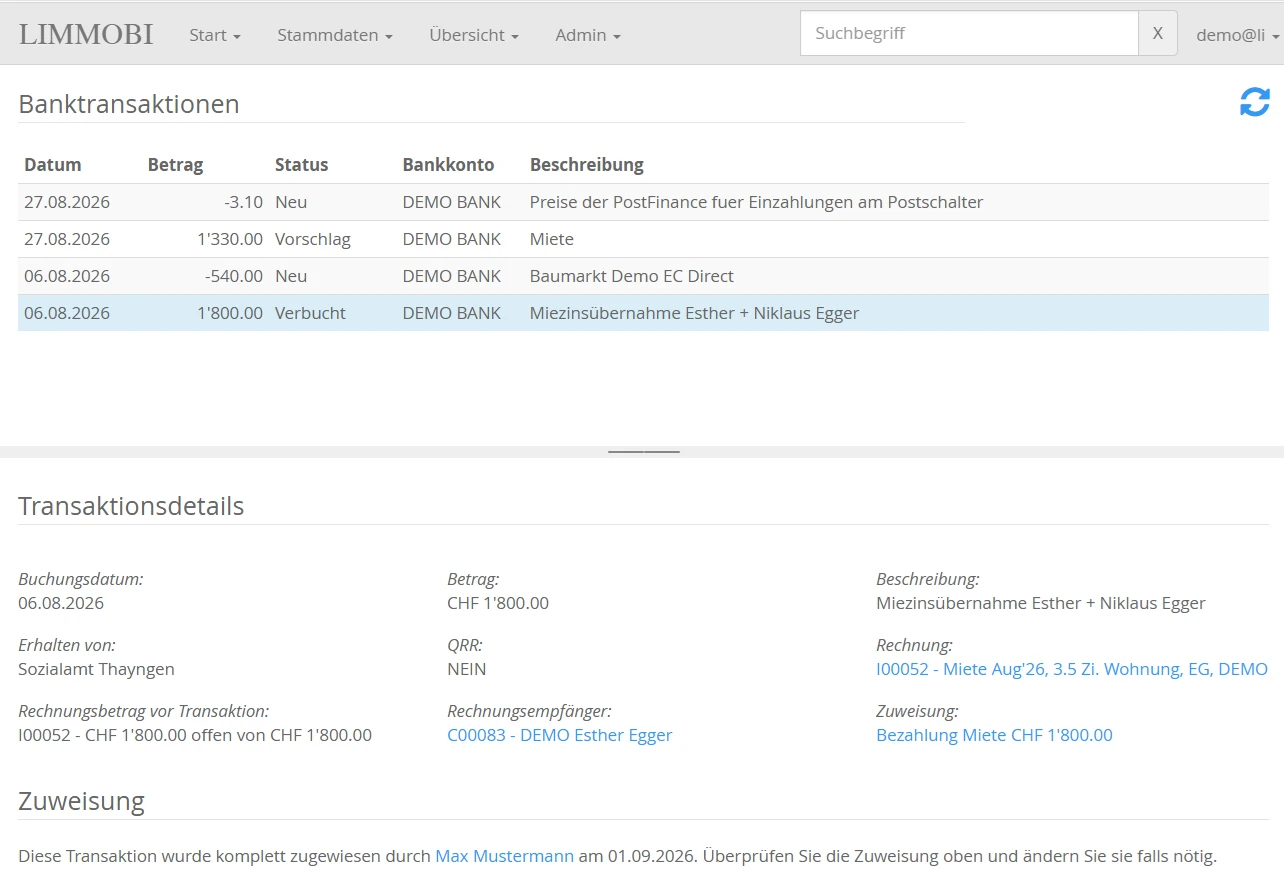 Bankabgleich in LIMMOBI mit der Liste der Banktransaktionen und den Details einer Mietzahlung, die ein Sozialamt überwiesen hat