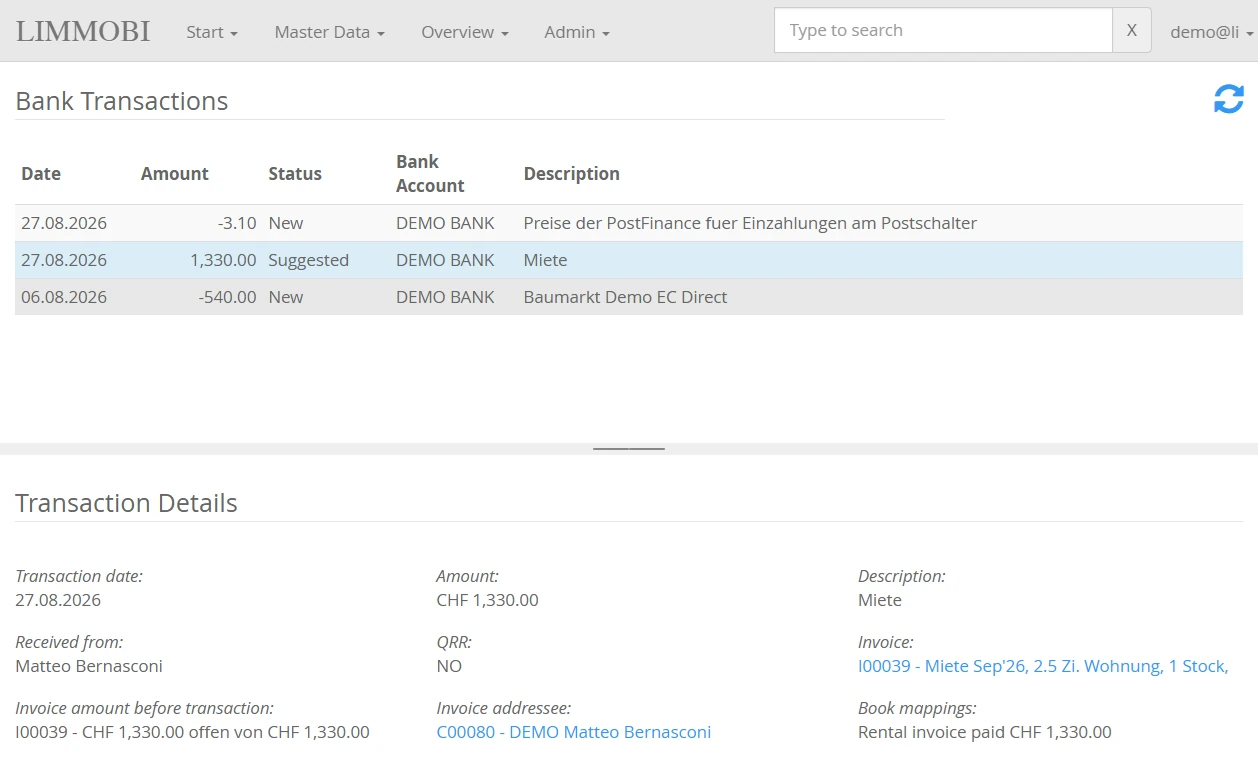 Bank reconciliation in LIMMOBI with the list of bank transactions and the details of a rent payment for which LIMMOBI suggests the matching invoice