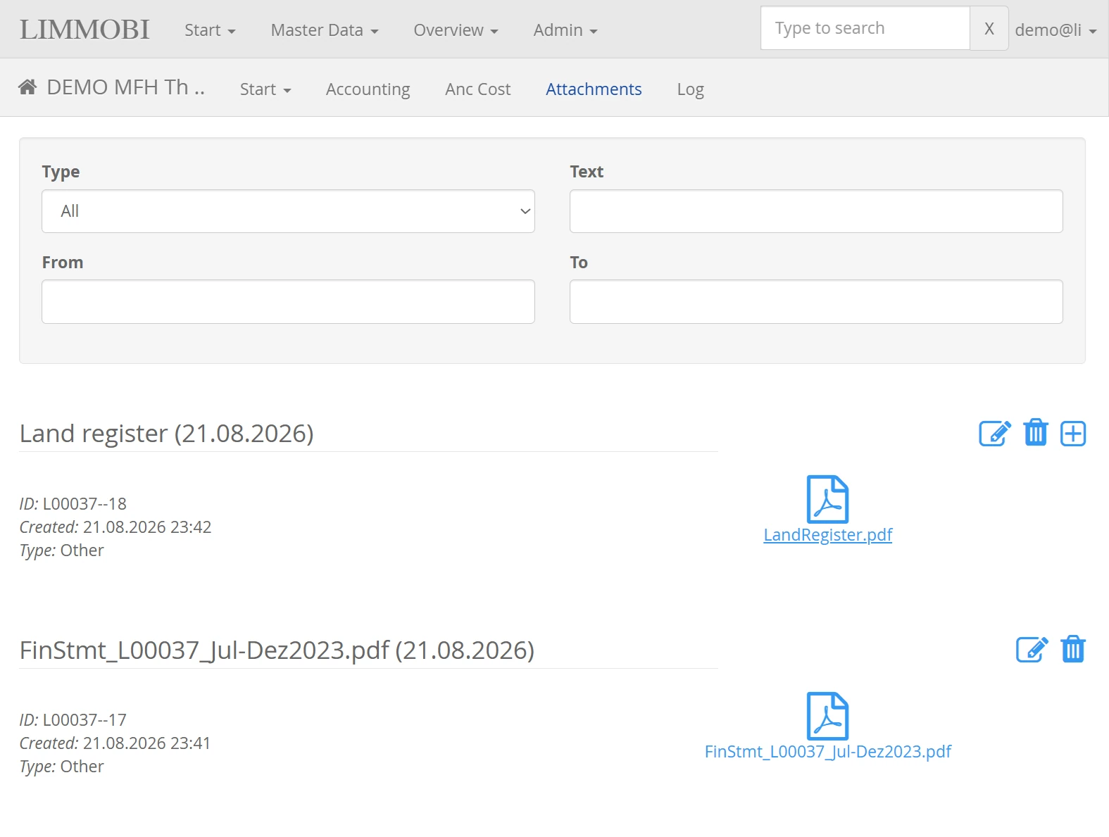 Document management in LIMMOBI with search fields and the files stored for a property