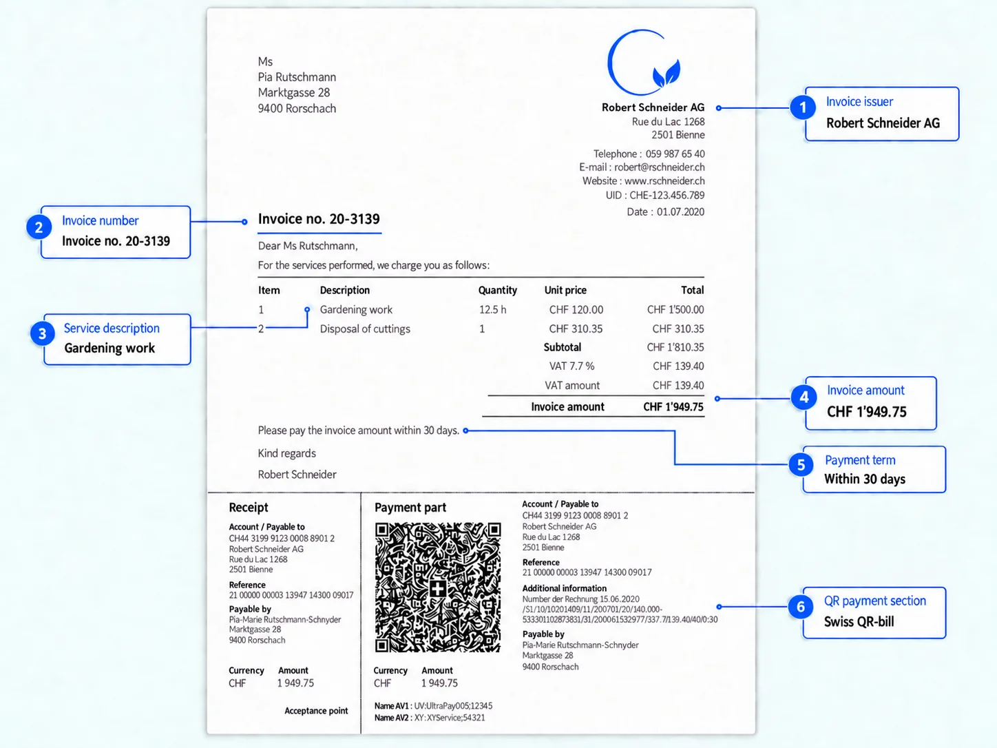Vendor invoice with the details recognised by LIMMOBI and the accounting entry proposal created from them